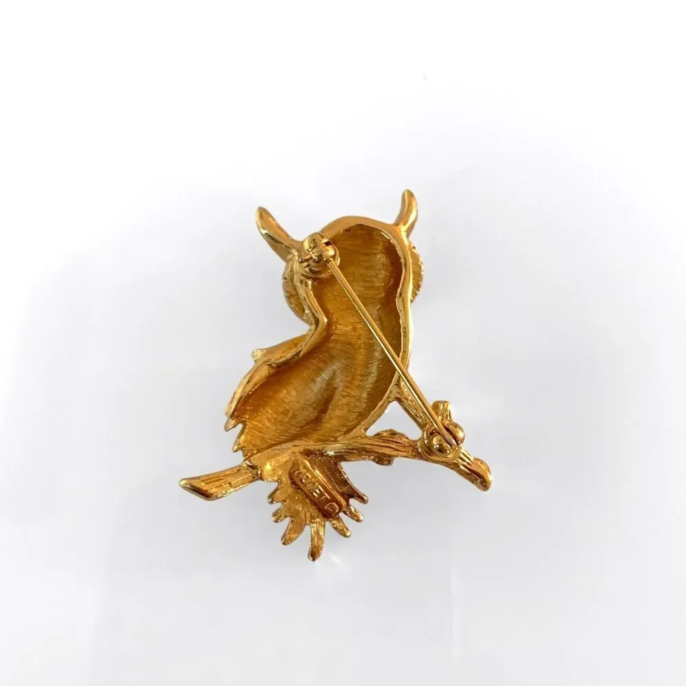 Monet Gold Rhinestone Owl Brooch